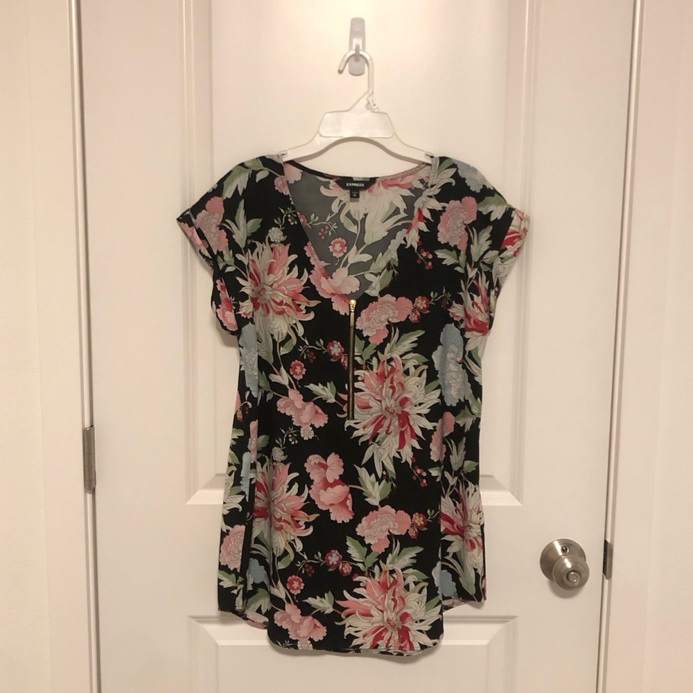Express Black Floral V-Neck Blouse with Pink & Green Print